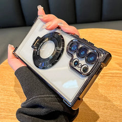 Luxury Magnetic Plating Stand Shockproof Clear Case For Samsung Galaxy S25 S24 Ultra S23 S22 S21 Plus Note20 Acrylic Back Cover