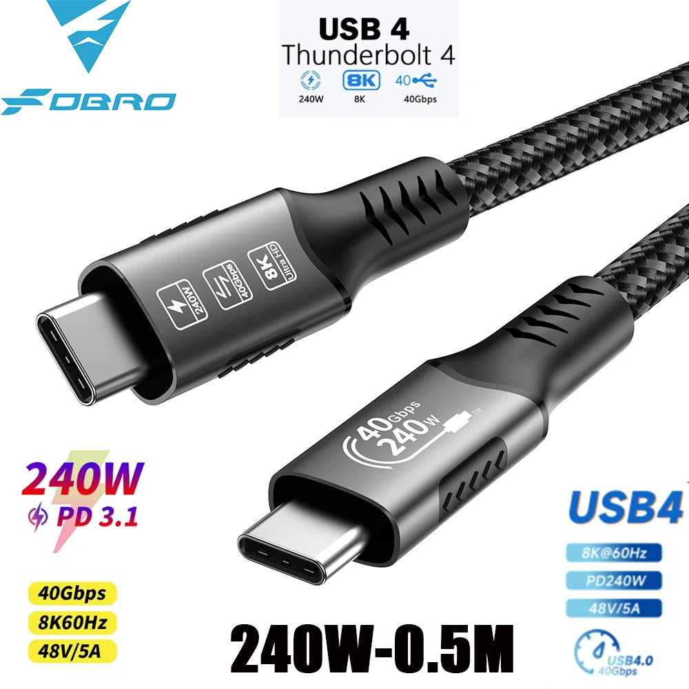 8K USB4 Type C Cable 40Gbps 240W PD3.1 QC4.0 For Samung Thunderbolt 4 Fast Charging Cable Thunderbolt3 USB C to C Data Transfer