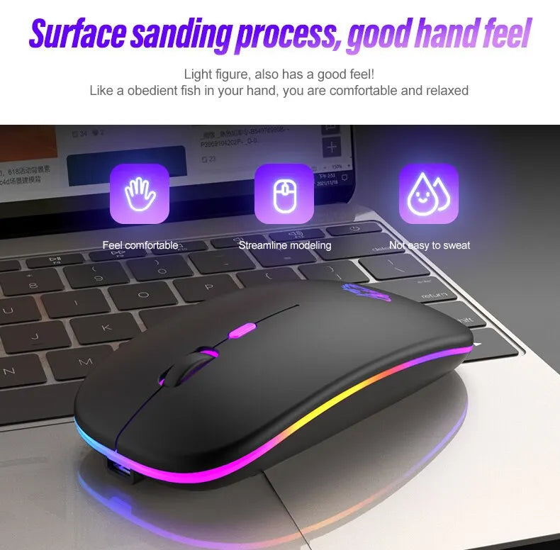 Wireless Mouse Bluetooth and 2.4GHz Dual Modes Rechargeable RGB Ergonomic Silent Click for PC iPad Laptop Cell Phone TV