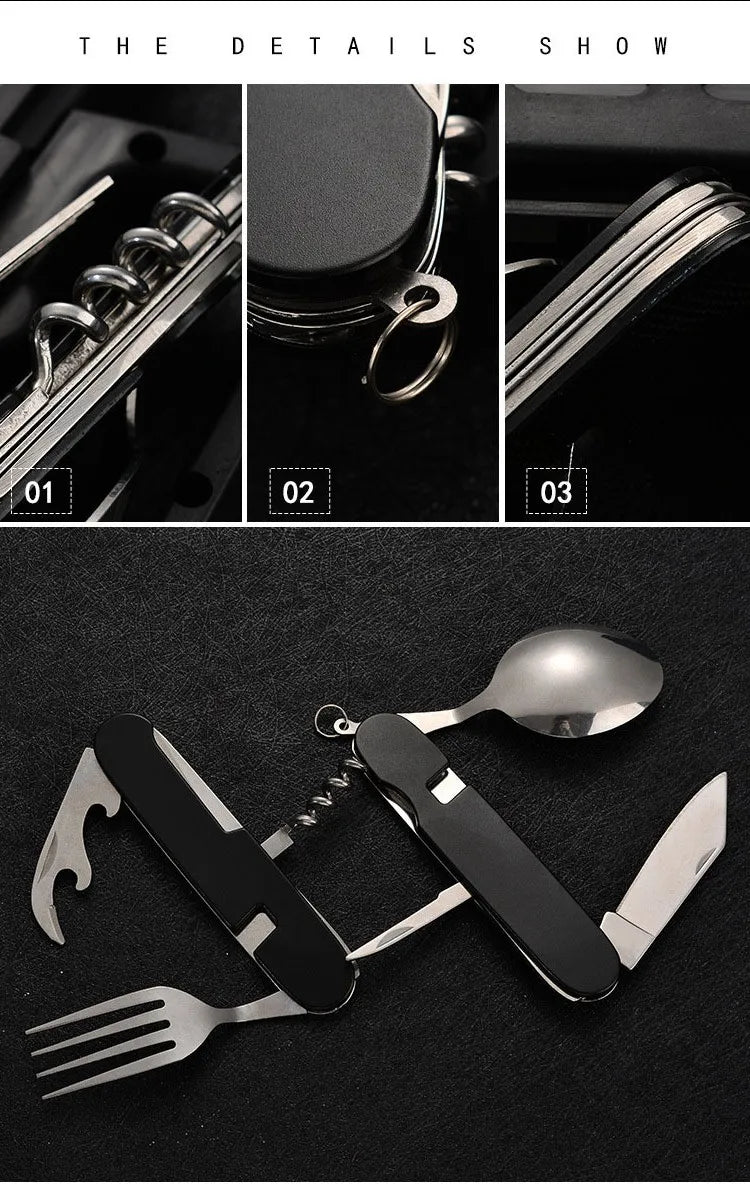 Tablespoon Set 4 In 1 Foldable Spoon Knife Fork Bottle Opener Stainless Steel Folding Pocket Kits Outdoor Tableware Set