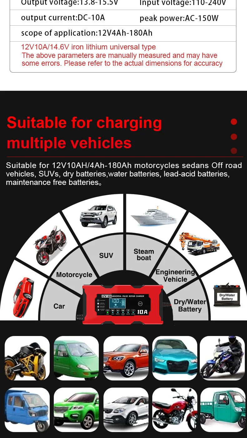 12V 10A Car Battery Charger Smart Electric Motorcycles Charger For Lifepo4 Lead Acid AGM GEL PB 14.6V 10A Lithium Battery Repair