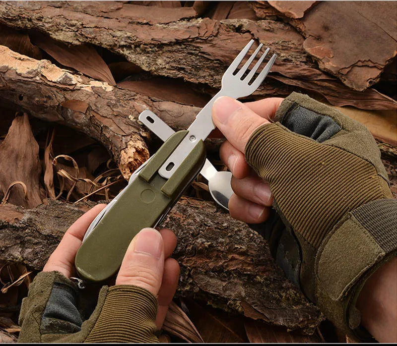 7 In 1 Multifunctional Outdoor Tableware Stainless Steel Foldable Fork Spoon Knife Picnic Camping Hiking Travelling Dinnerware