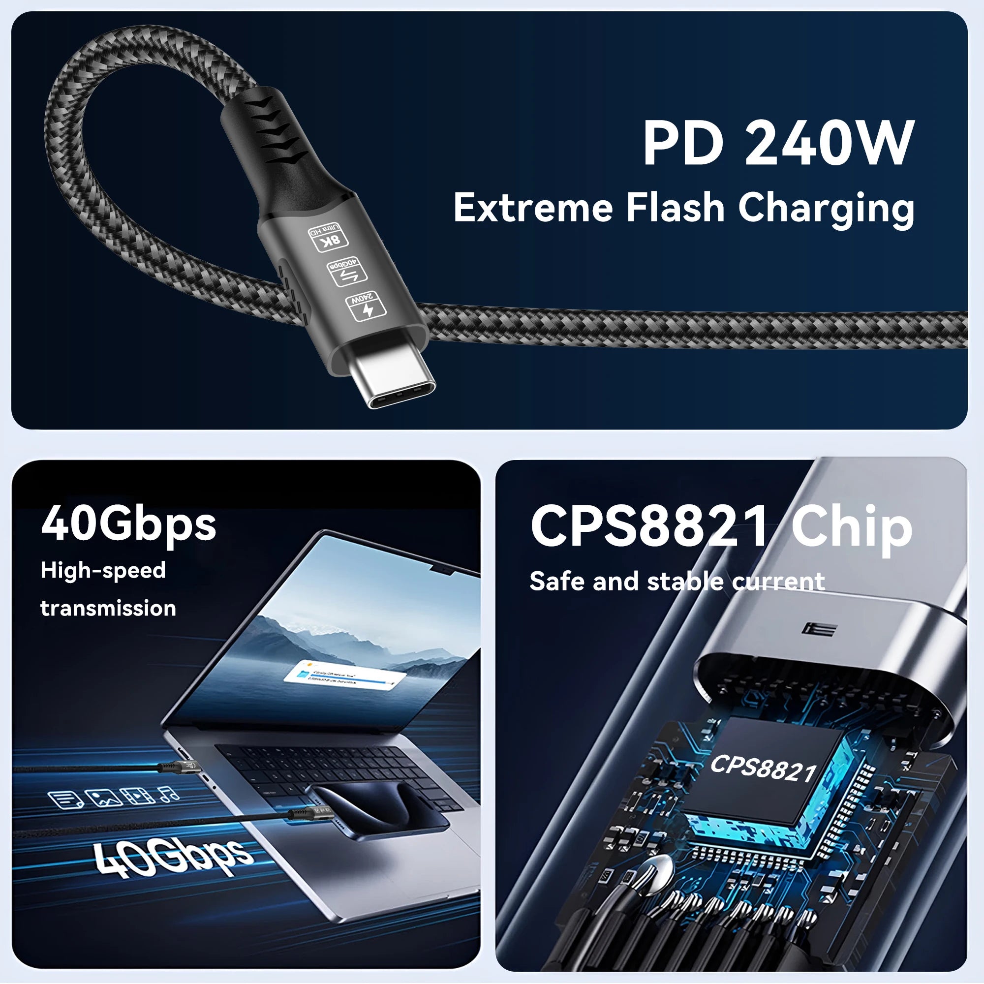 8K USB4 Type C Cable 40Gbps 240W PD3.1 QC4.0 For Samung Thunderbolt 4 Fast Charging Cable Thunderbolt3 USB C to C Data Transfer