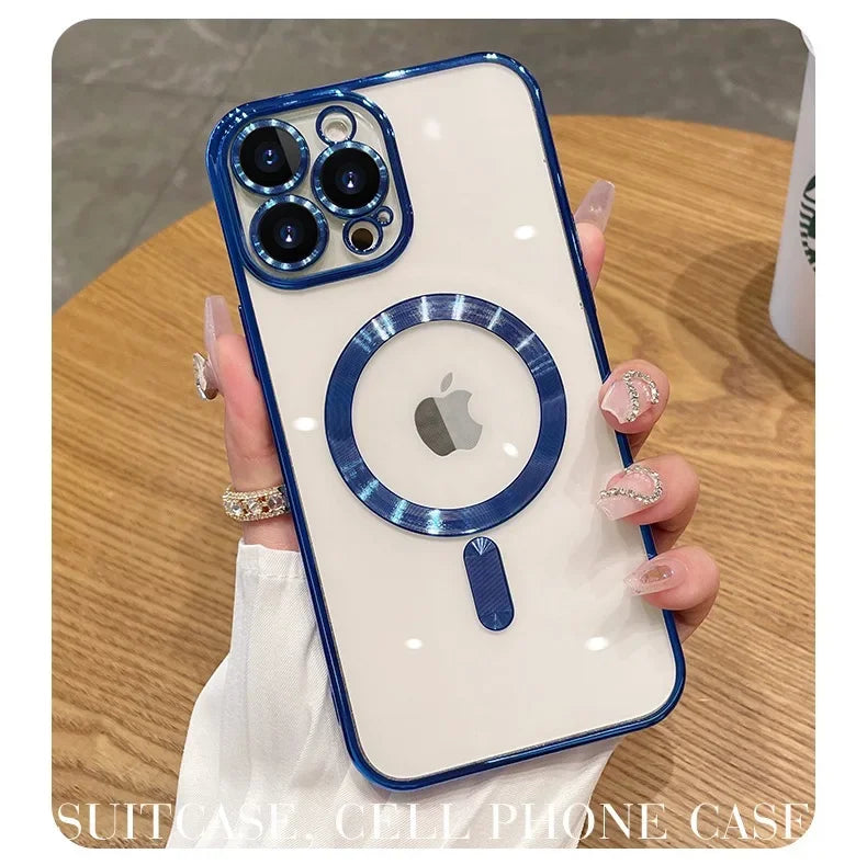 Fashion Plating Magnetic Soft Case For Magsafe For iPhone 15 14 13 12 11 16 Pro Max Wireless Charging Case With Lens Protector