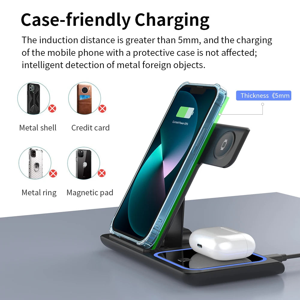 30W LED Fast Wireless Charger Stand 3 in 1 Foldable Charging Station For iPhone 15 14 13 12 11 Apple Watch 9 8 7 6 5 Airpods Pro