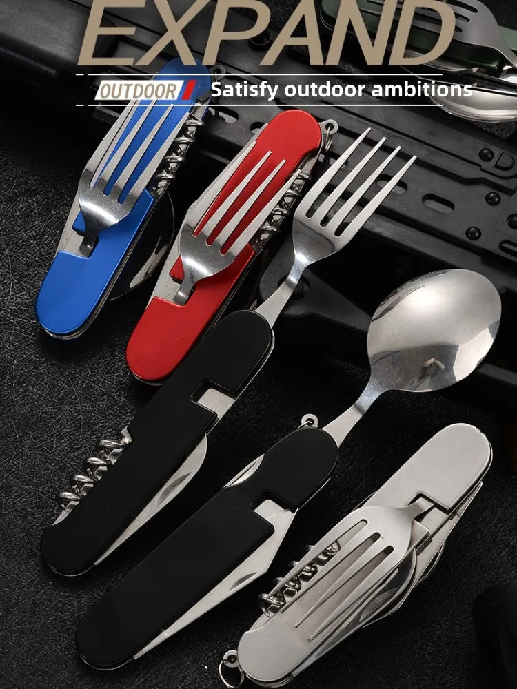 Tablespoon Set 4 In 1 Foldable Spoon Knife Fork Bottle Opener Stainless Steel Folding Pocket Kits Outdoor Tableware Set