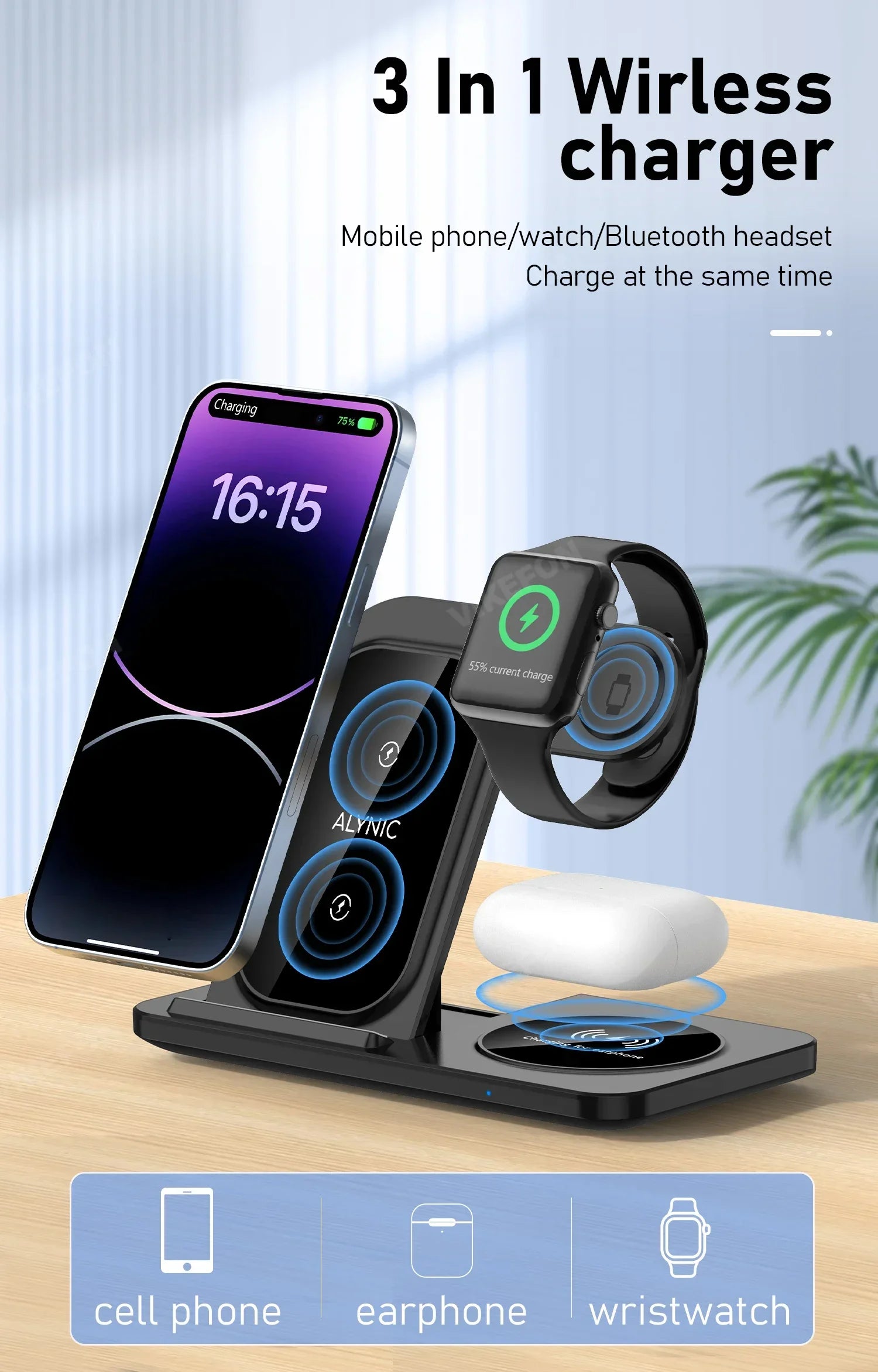 30W LED Fast Wireless Charger Stand 3 in 1 Foldable Charging Station For iPhone 15 14 13 12 11 Apple Watch 9 8 7 6 5 Airpods Pro