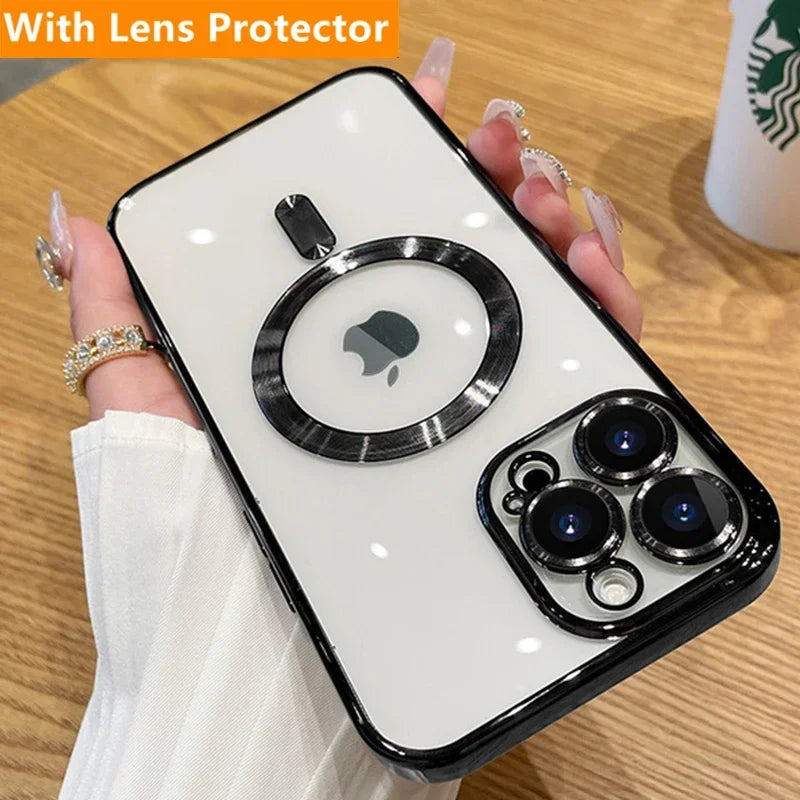 Fashion Plating Magnetic Soft Case For Magsafe For iPhone 15 14 13 12 11 16 Pro Max Wireless Charging Case With Lens Protector