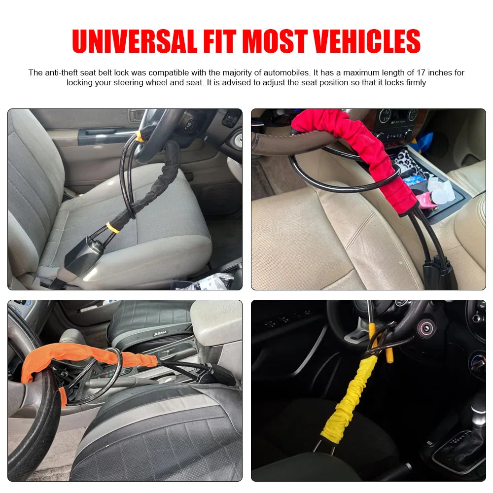 Car Steering Wheel Lock With Seat Belt Socket Steel Rope