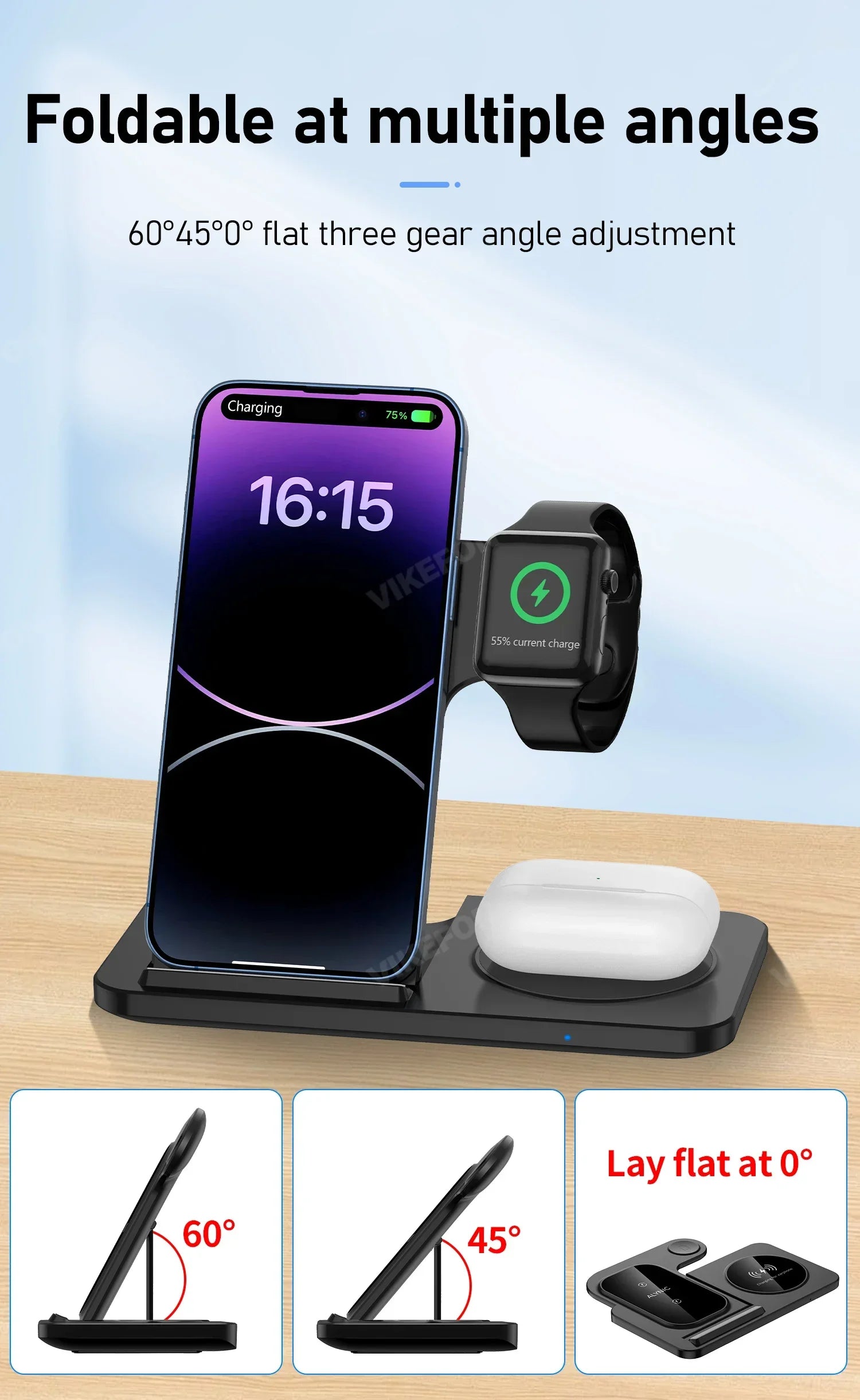 30W LED Fast Wireless Charger Stand 3 in 1 Foldable Charging Station For iPhone 15 14 13 12 11 Apple Watch 9 8 7 6 5 Airpods Pro