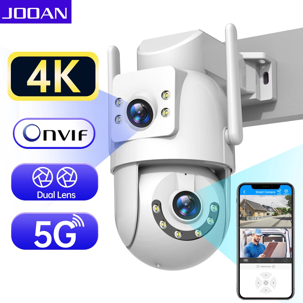 Jooan 4K 8MP HD Wifi PTZ Camera Outdoor 5G Wifi Dual Lens Security IP Cameras 5X Zoom AI Tracking ONVIF CCTV Surveillance Camera