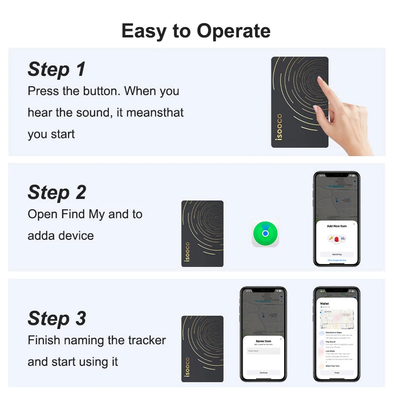 isooco Ultra-thin Wallet Tracker GPS Locator Bluetooth Pairing Find My (IOS Only) Anti-lost Smart Tag Item Finder No Charging