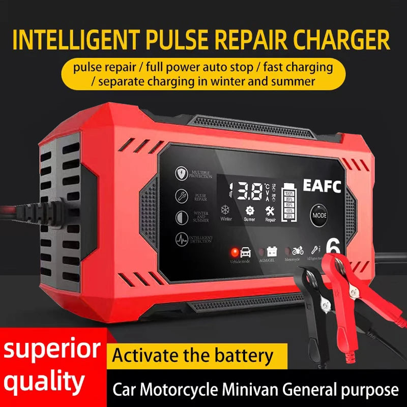 Car Battery Charger 12V 6A Intelligent Fast Charging Pulse Repair Type Full Auto-Stop Dual-Mode Lead Acid for Motorcycle Truck