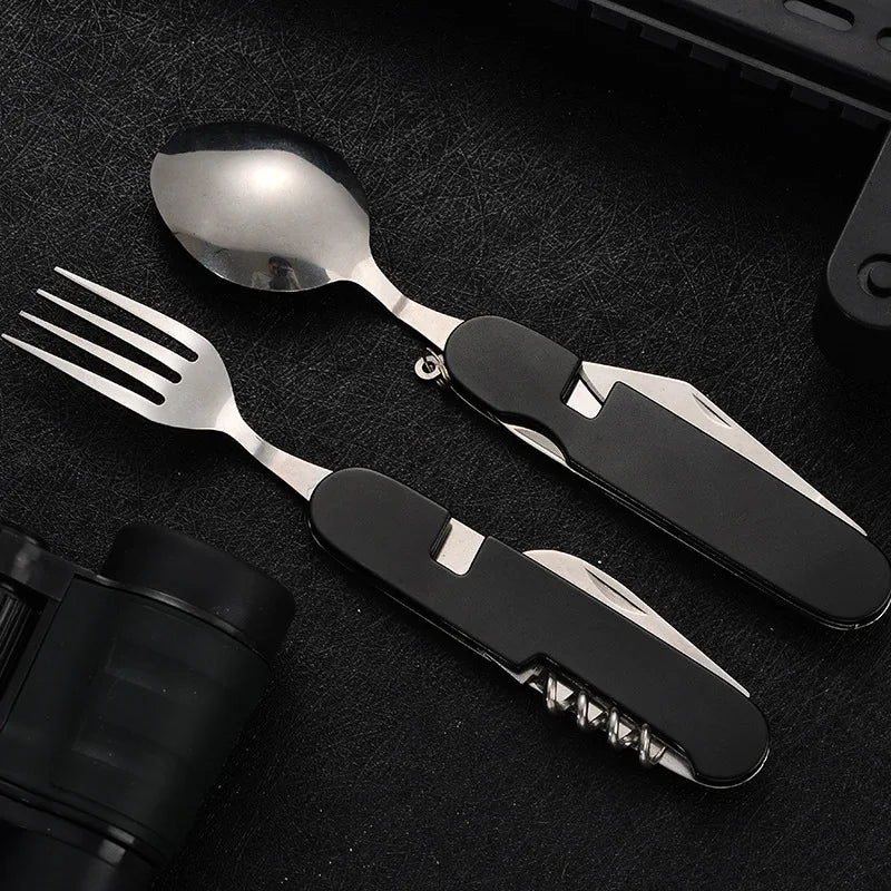 Tablespoon Set 4 In 1 Foldable Spoon Knife Fork Bottle Opener Stainless Steel Folding Pocket Kits Outdoor Tableware Set