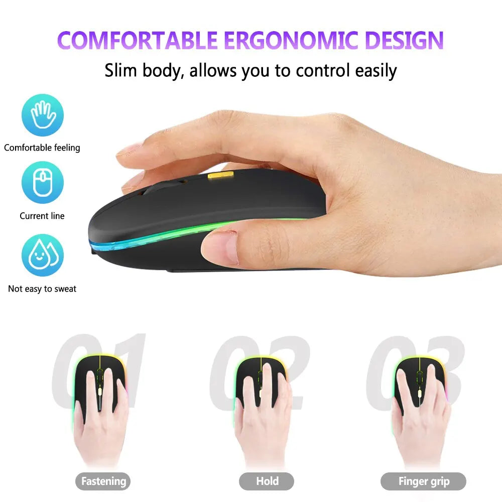 Wireless Mouse Bluetooth and 2.4GHz Dual Modes Rechargeable RGB Ergonomic Silent Click for PC iPad Laptop Cell Phone TV