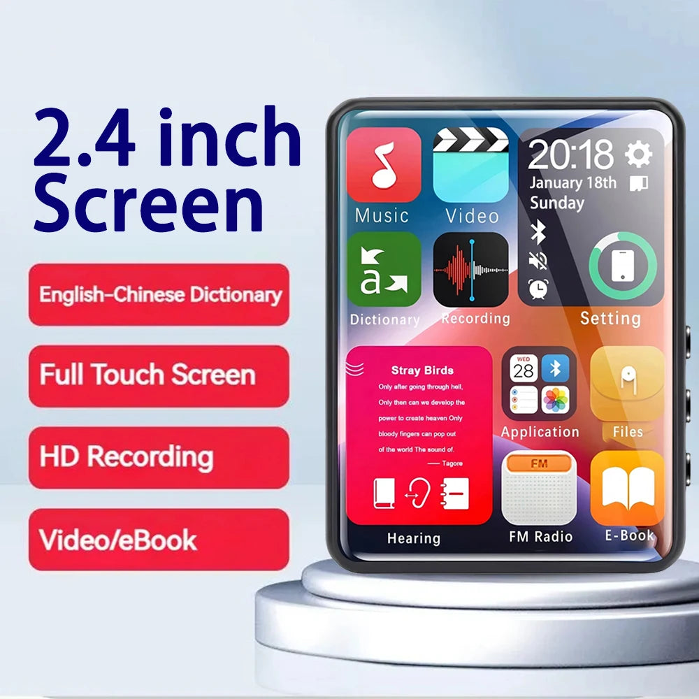 2.4 Inch Full Screen Touch Mp3 Player with 4GB Memory Bluetooth Mp4 Player with Built-In Speaker with E-book FM Radio Video