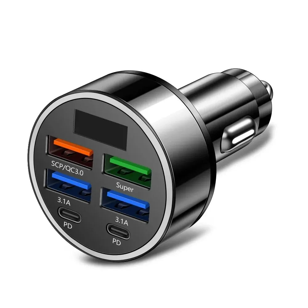 66-250W PD Car Charger QC3.0 Fast Charge One to Six Car Cigarette Lighter Plug Car Charger Flash Charge with Digital Display