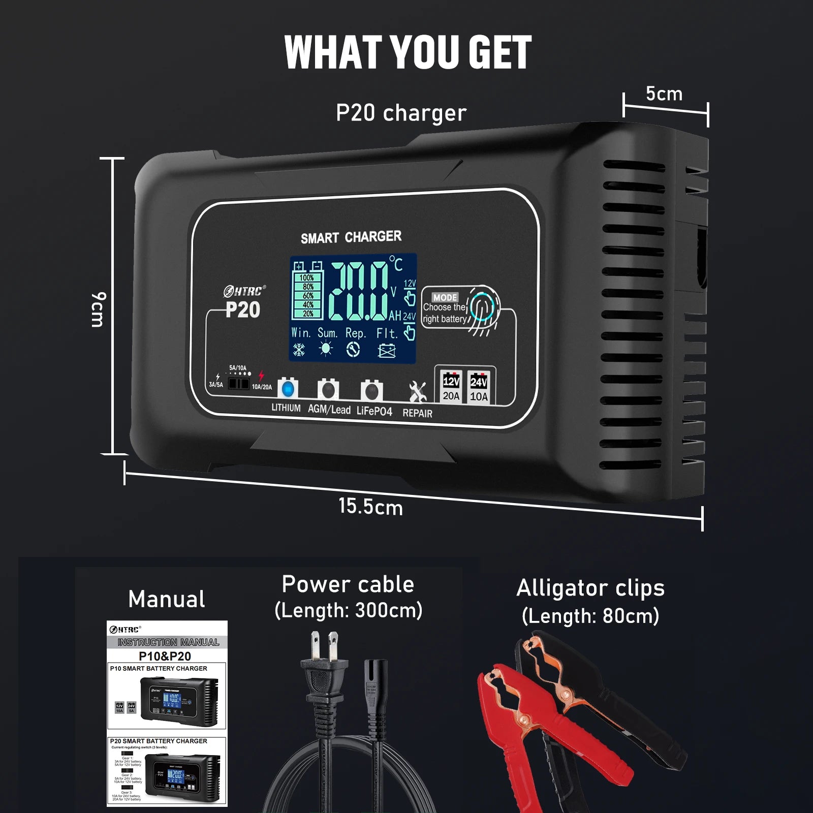 HTRC 20A 12V-24V Smart Battery Charger for Motorcycle Car Battery Repair Auto Moto Lead Acid AGM GEL PB Lithium LiFePo4 Batteri