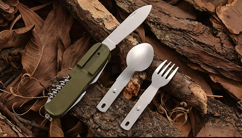 7 In 1 Multifunctional Outdoor Tableware Stainless Steel Foldable Fork Spoon Knife Picnic Camping Hiking Travelling Dinnerware