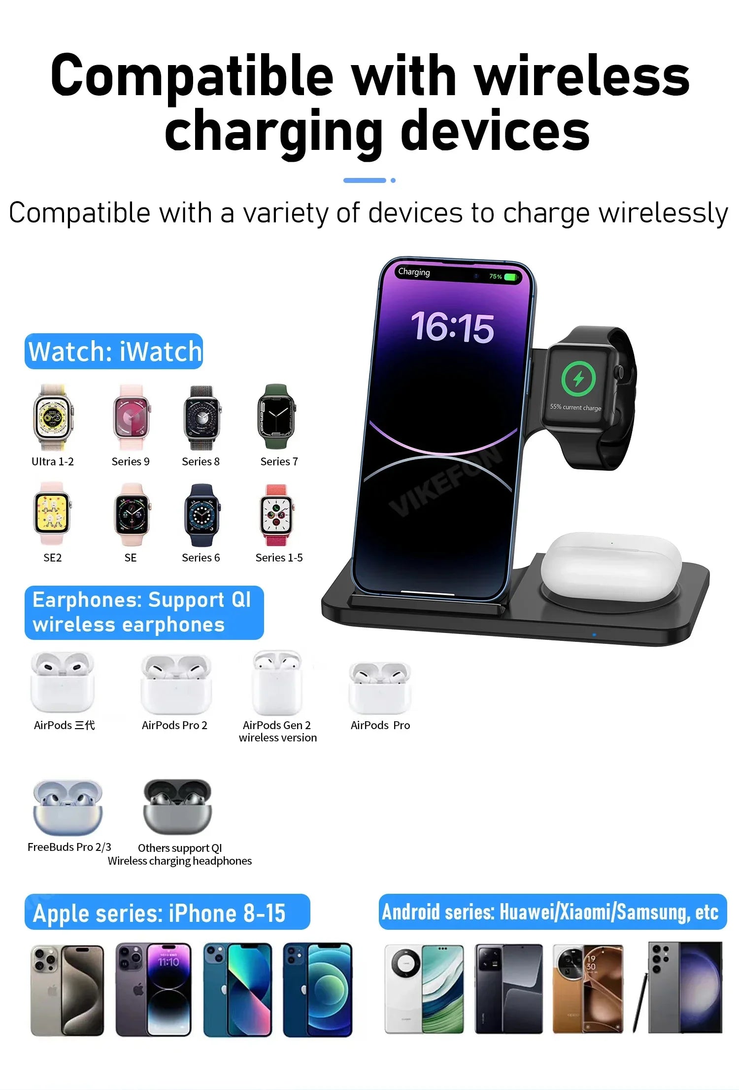 30W LED Fast Wireless Charger Stand 3 in 1 Foldable Charging Station For iPhone 15 14 13 12 11 Apple Watch 9 8 7 6 5 Airpods Pro