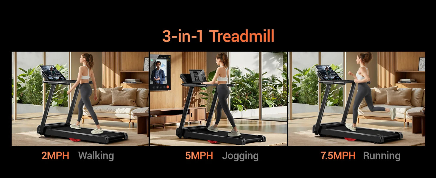 3.0HP Brushless Foldable Home Treadmill | 300LB Capacity | HR Monitor & Dual Shock Absorption | Cup/Phone Holder | Quiet Design