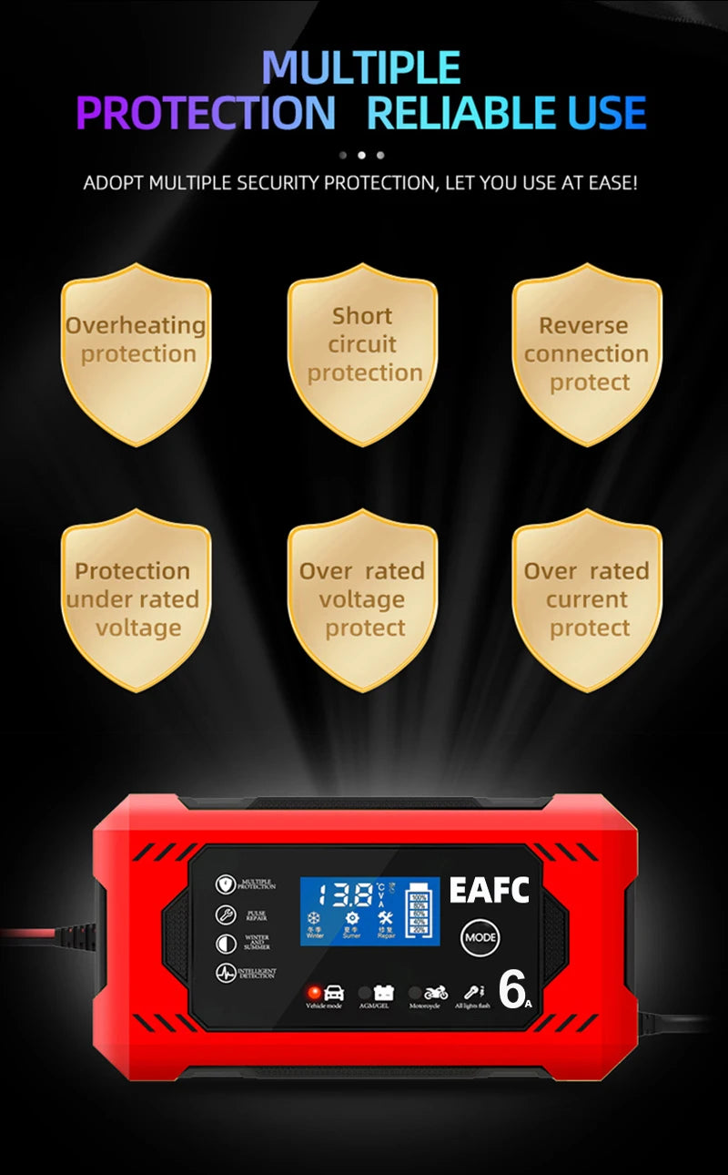 Car Battery Charger 12V 6A Intelligent Fast Charging Pulse Repair Type Full Auto-Stop Dual-Mode Lead Acid for Motorcycle Truck