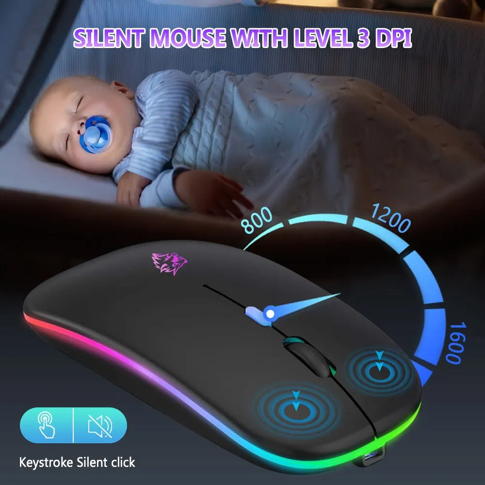 Wireless Mouse Bluetooth and 2.4GHz Dual Modes Rechargeable RGB Ergonomic Silent Click for PC iPad Laptop Cell Phone TV