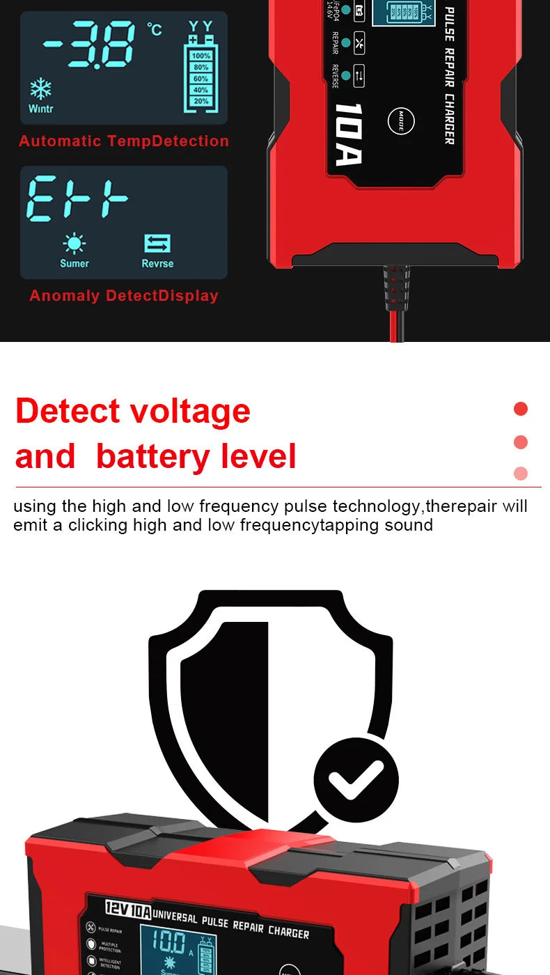 12V 10A Car Battery Charger Smart Electric Motorcycles Charger For Lifepo4 Lead Acid AGM GEL PB 14.6V 10A Lithium Battery Repair