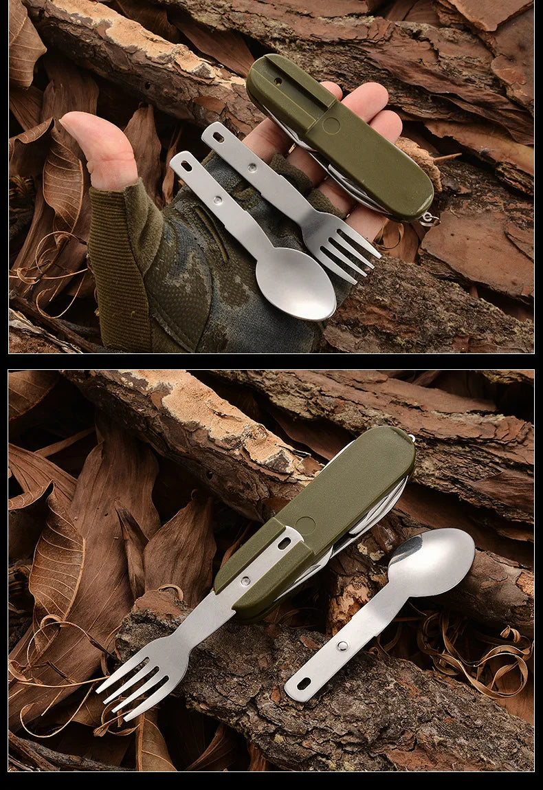 7 In 1 Multifunctional Outdoor Tableware Stainless Steel Foldable Fork Spoon Knife Picnic Camping Hiking Travelling Dinnerware