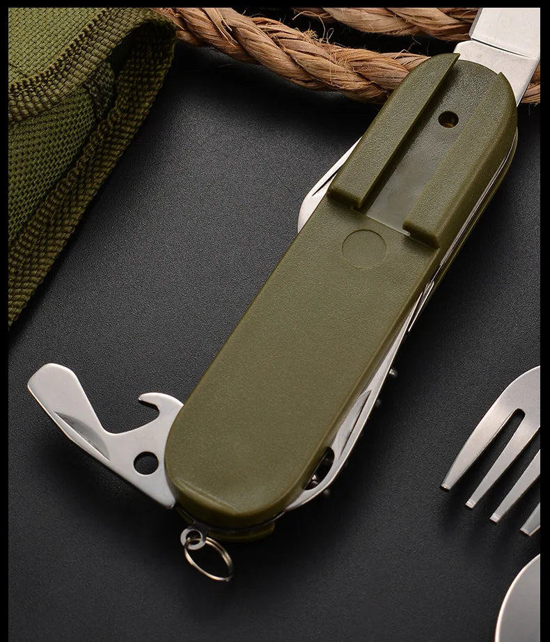 7 In 1 Multifunctional Outdoor Tableware Stainless Steel Foldable Fork Spoon Knife Picnic Camping Hiking Travelling Dinnerware