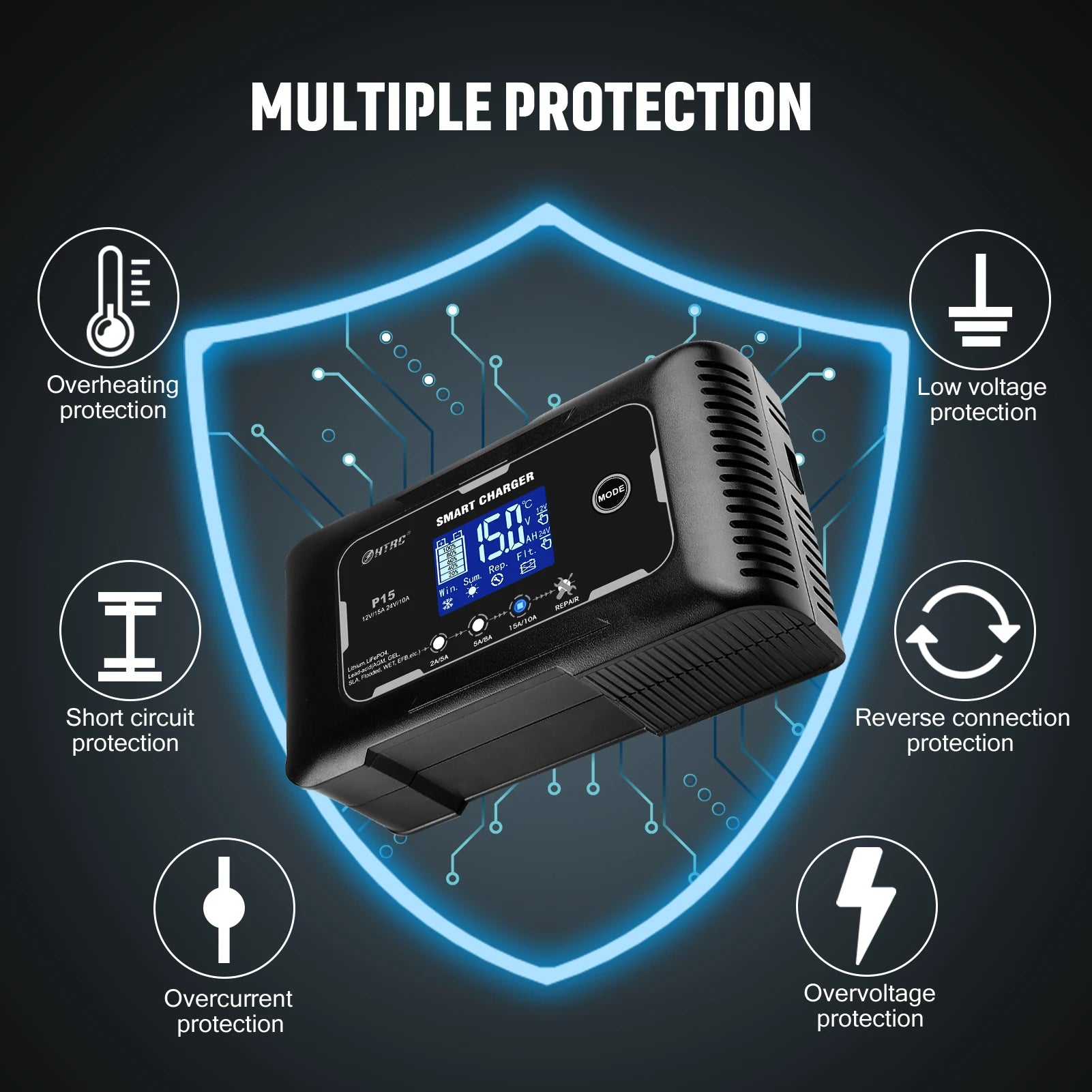 HTRC 12V-24V 35A/25A/20A/15A/10A Car Battery Charger LCD Automatic Pulse Repair Charge for Lifepo4 AGM Lead-Acid Lithium Batteri