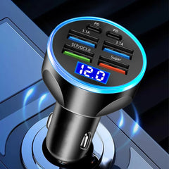 66-250W PD Car Charger QC3.0 Fast Charge One to Six Car Cigarette Lighter Plug Car Charger Flash Charge with Digital Display