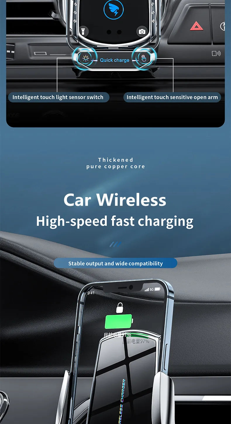 Wireless Charger Car Phone Holder Stand 15W Fast Charging Station For iPhone Xiaomi Samsung Huawei Magnetic Wireless Car Charger