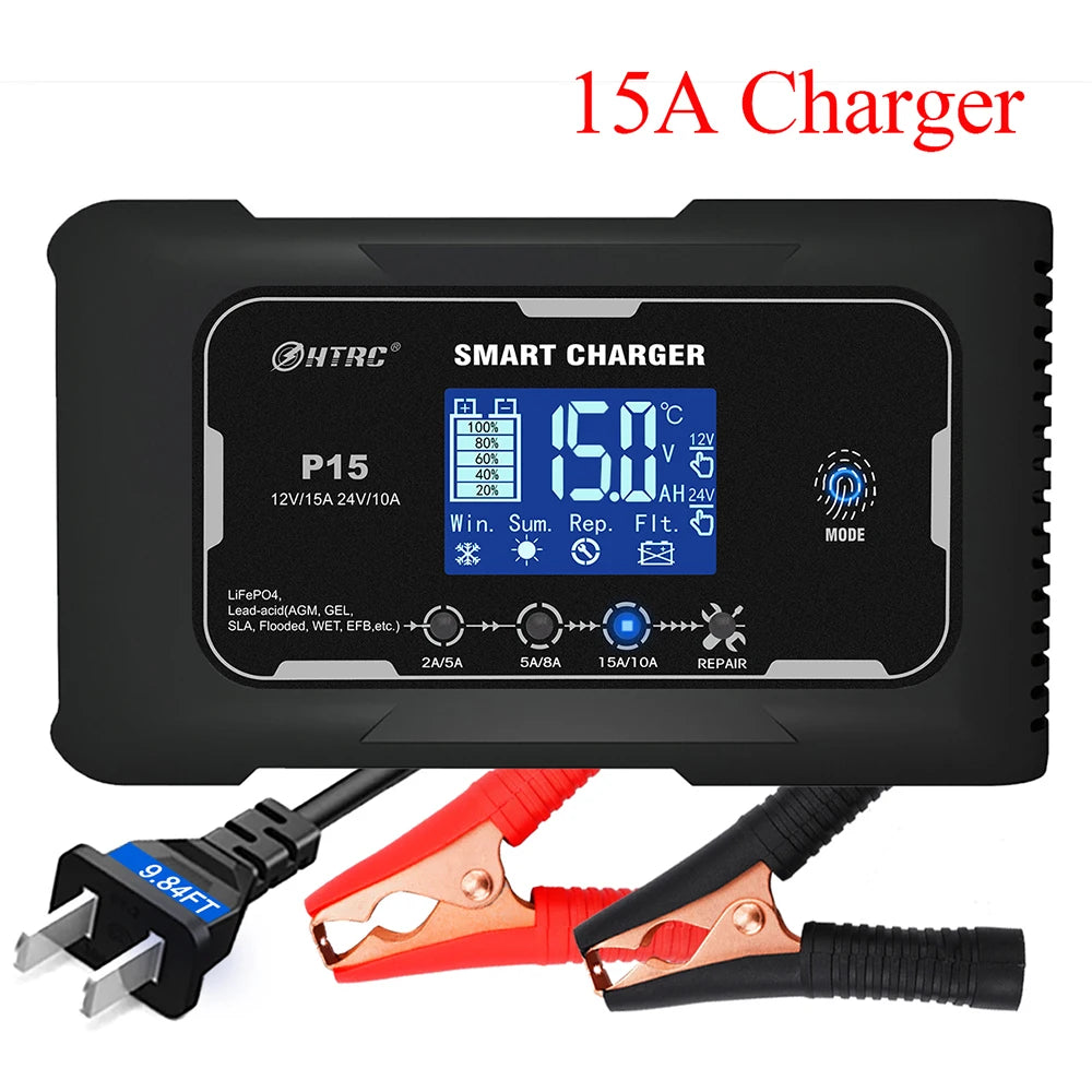 HTRC 12V-24V 35A/25A/20A/15A/10A Car Battery Charger LCD Automatic Pulse Repair Charge for Lifepo4 AGM Lead-Acid Lithium Batteri