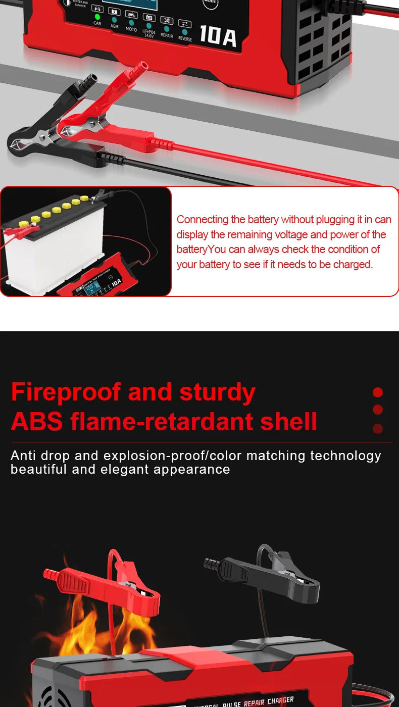 12V 10A Car Battery Charger Smart Electric Motorcycles Charger For Lifepo4 Lead Acid AGM GEL PB 14.6V 10A Lithium Battery Repair