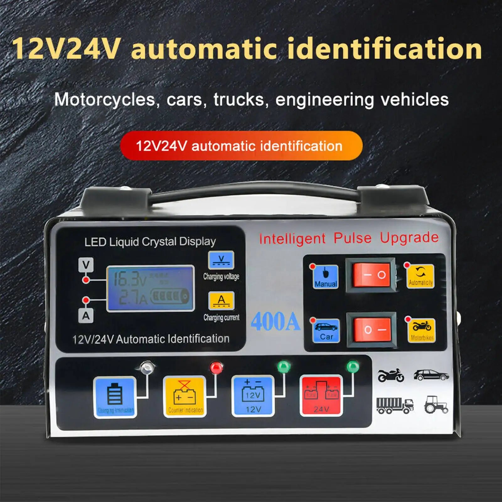 Metal Car Battery Charger 12V24V 220W Full Automatic Car Battery Charger Repair Battery Charger High Power Fast Charger