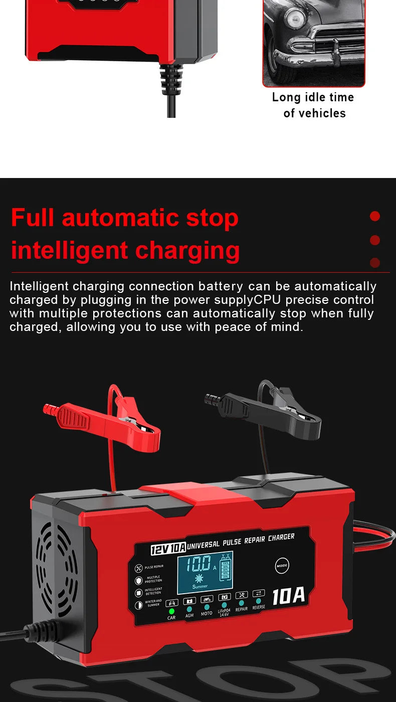 12V 10A Car Battery Charger Smart Electric Motorcycles Charger For Lifepo4 Lead Acid AGM GEL PB 14.6V 10A Lithium Battery Repair