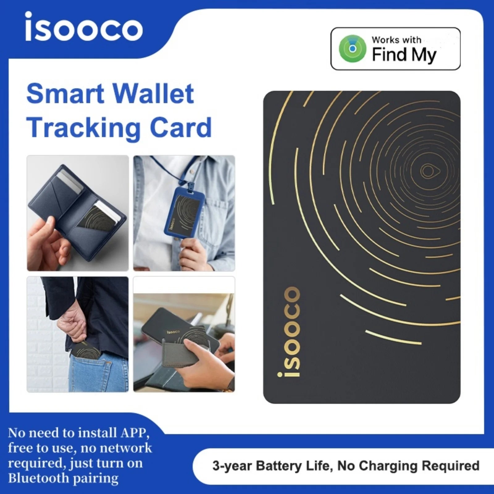 isooco Ultra-thin Wallet Tracker GPS Locator Bluetooth Pairing Find My (IOS Only) Anti-lost Smart Tag Item Finder No Charging