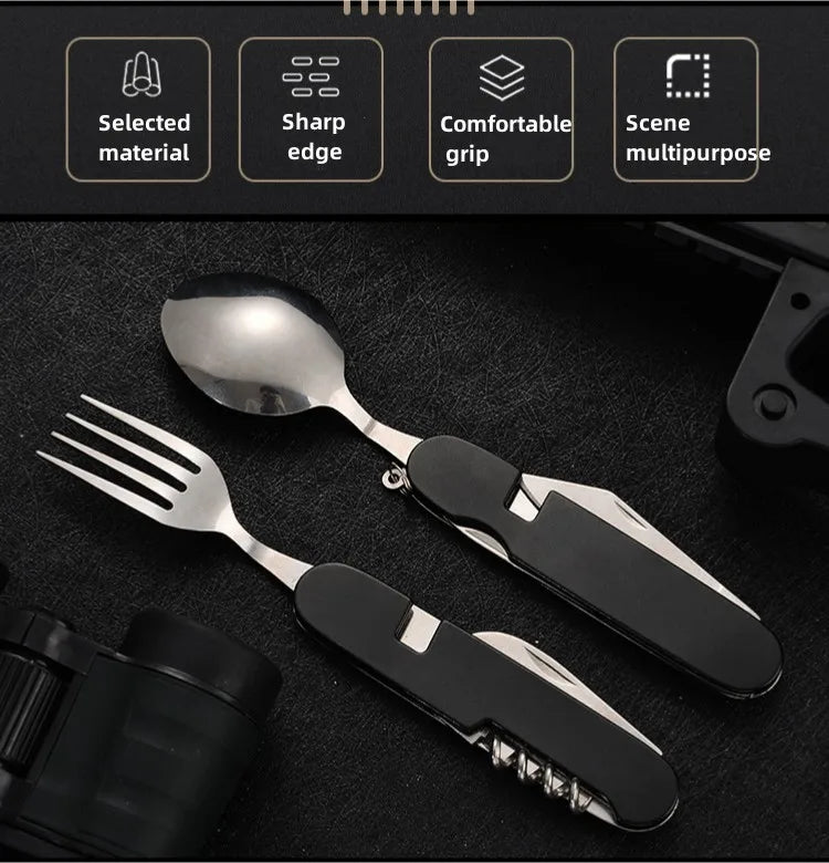 Tablespoon Set 4 In 1 Foldable Spoon Knife Fork Bottle Opener Stainless Steel Folding Pocket Kits Outdoor Tableware Set