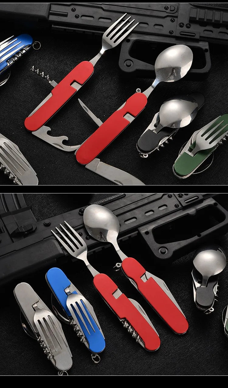 Tablespoon Set 4 In 1 Foldable Spoon Knife Fork Bottle Opener Stainless Steel Folding Pocket Kits Outdoor Tableware Set