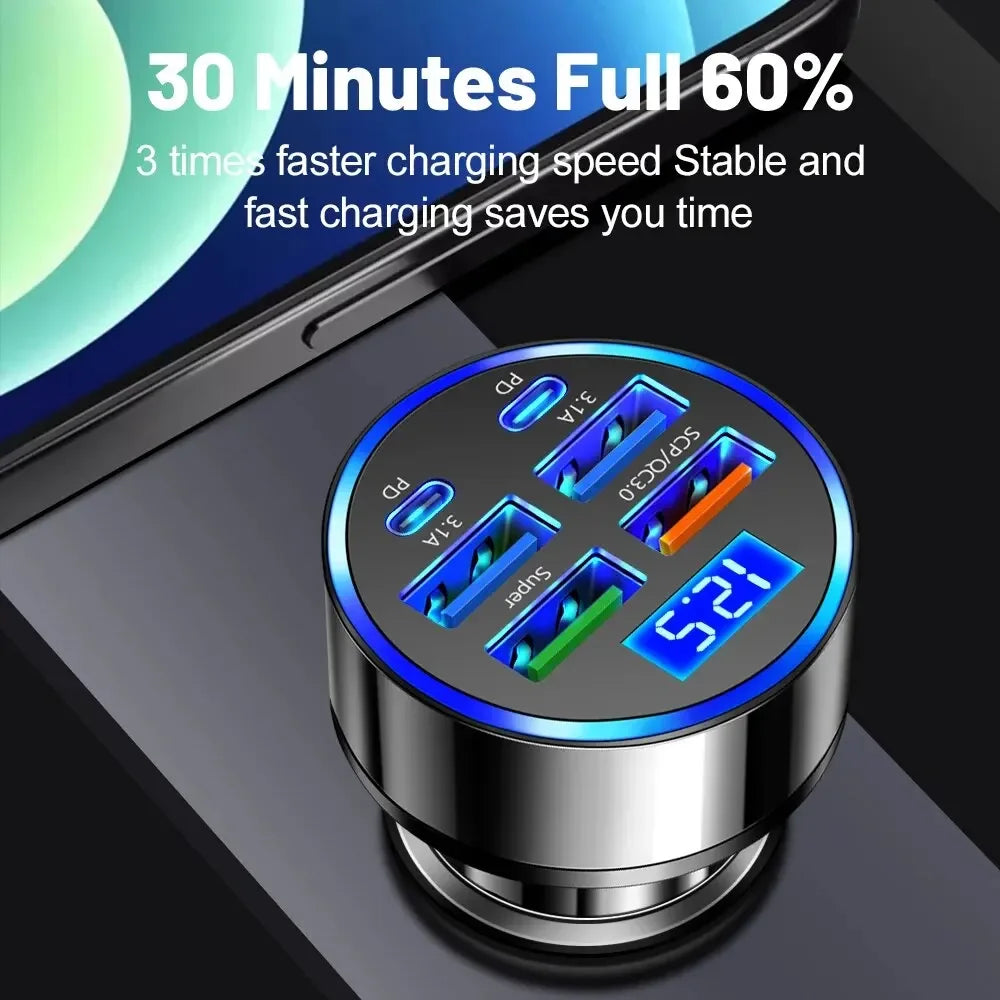 66-250W PD Car Charger QC3.0 Fast Charge One to Six Car Cigarette Lighter Plug Car Charger Flash Charge with Digital Display