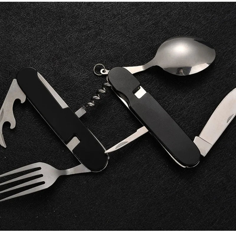 Tablespoon Set 4 In 1 Foldable Spoon Knife Fork Bottle Opener Stainless Steel Folding Pocket Kits Outdoor Tableware Set