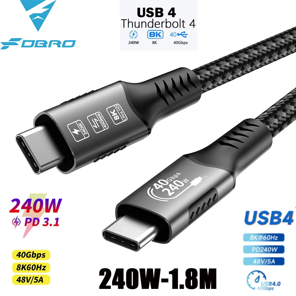 8K USB4 Type C Cable 40Gbps 240W PD3.1 QC4.0 For Samung Thunderbolt 4 Fast Charging Cable Thunderbolt3 USB C to C Data Transfer