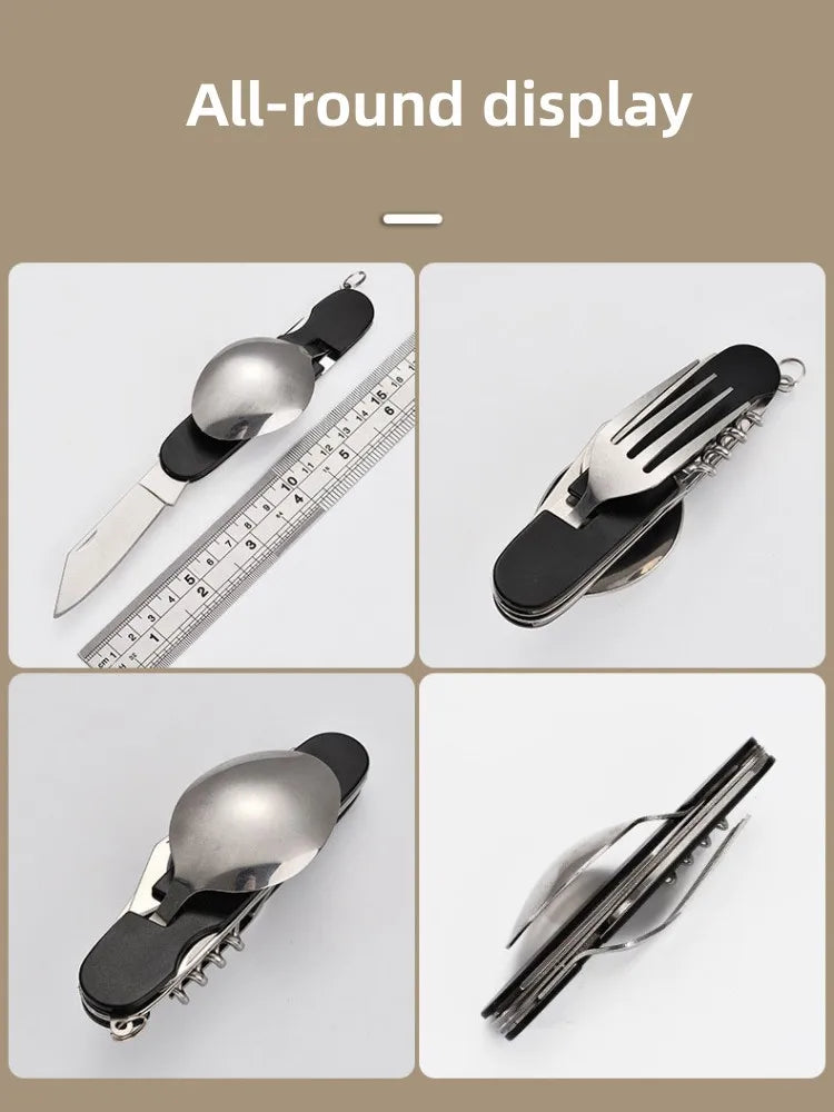 Tablespoon Set 4 In 1 Foldable Spoon Knife Fork Bottle Opener Stainless Steel Folding Pocket Kits Outdoor Tableware Set