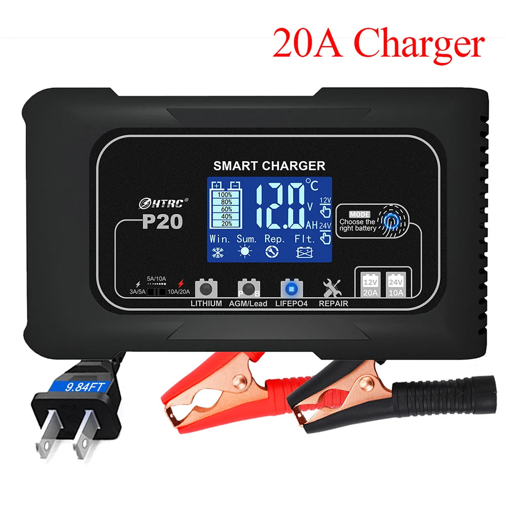 HTRC 12V-24V 35A/25A/20A/15A/10A Car Battery Charger LCD Automatic Pulse Repair Charge for Lifepo4 AGM Lead-Acid Lithium Batteri