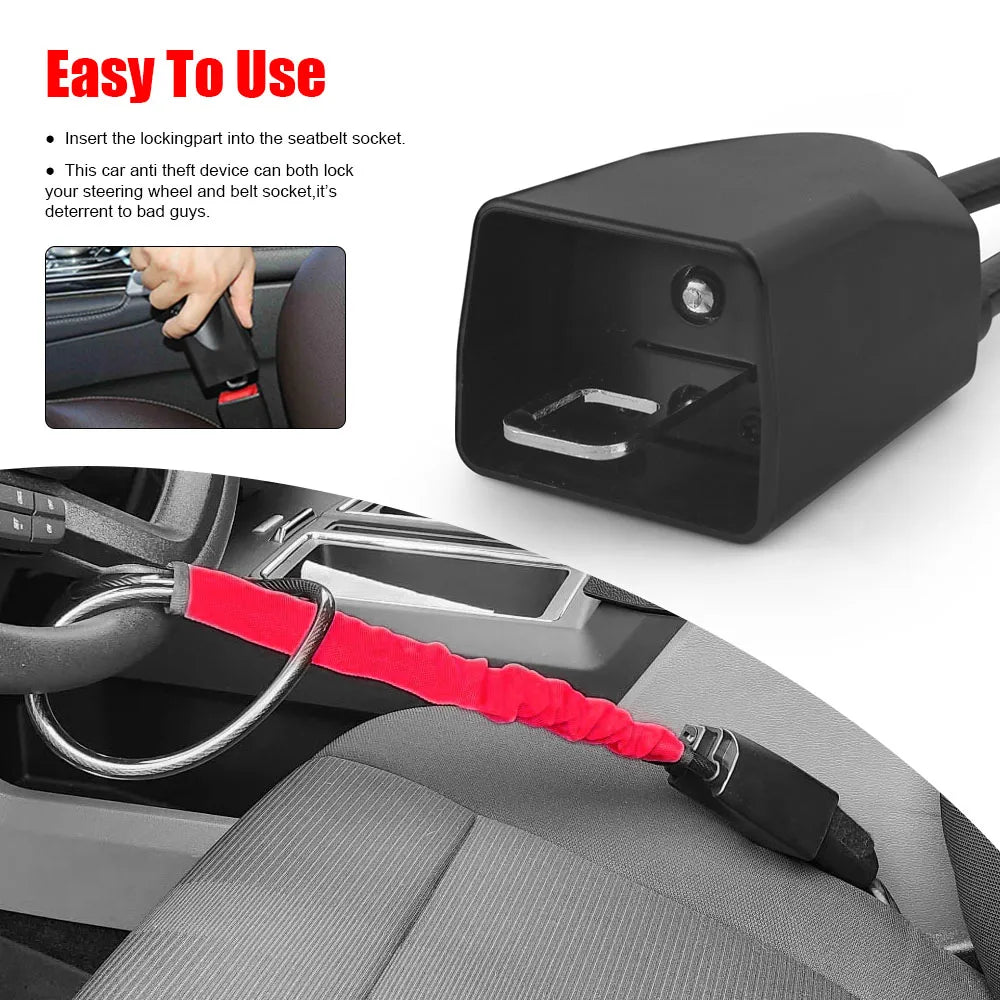 Car Steering Wheel Lock With Seat Belt Socket Steel Rope